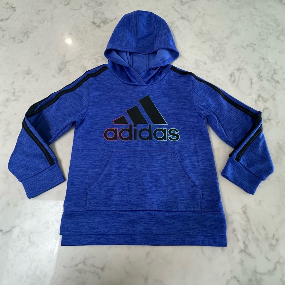 Girls Adidas Royal Blue/Purple Pull Over Hoodie with classic front Logo. Size 5T